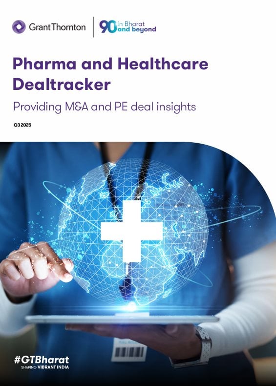 Pharma and Healthcare Dealtracker Q3 2025 report cover showing insights on mergers, acquisitions, and investment trends in India’s life sciences sector.