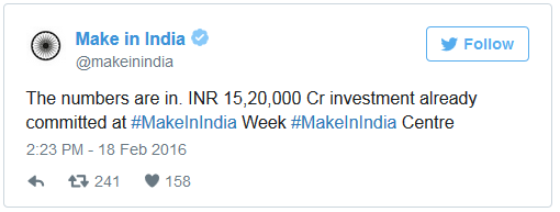 Make In India Twitter post describing make in India investment